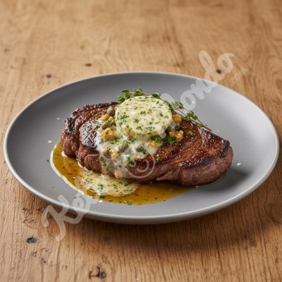 Pan-fried steak, garlic butter and capers