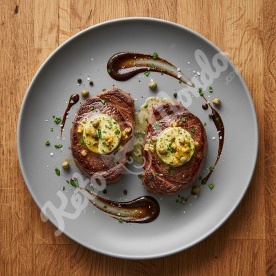 Steak poêlé, beurre à l'ail et câpres