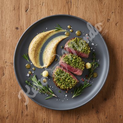 Filet mignon en croûte d'herbes, sauce moutarde à la crème