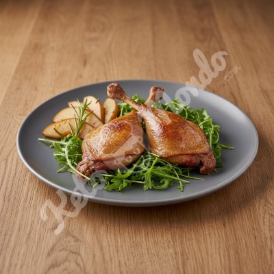 Confit de canard, poire rôtie et roquette