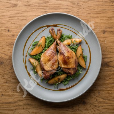 Confit de canard, poire rôtie et roquette