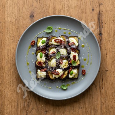 Mille-feuille d'aubergine à la ricotta et tomates séchées