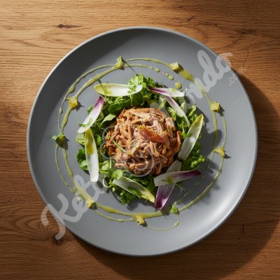 Confit de canard effiloché sur salade tiède