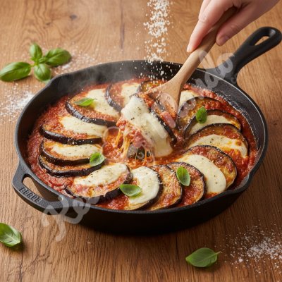 Parmigiana leggera con ricotta di melanzane affumicate e coulis di basilico e limone