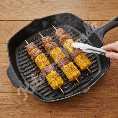 Brochetas de ternera picante y maíz asado