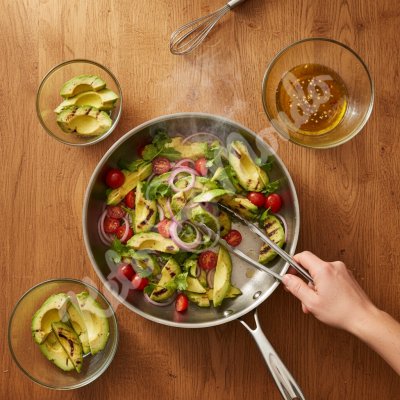 Salade chaude avocat grille vinaigrette fumée